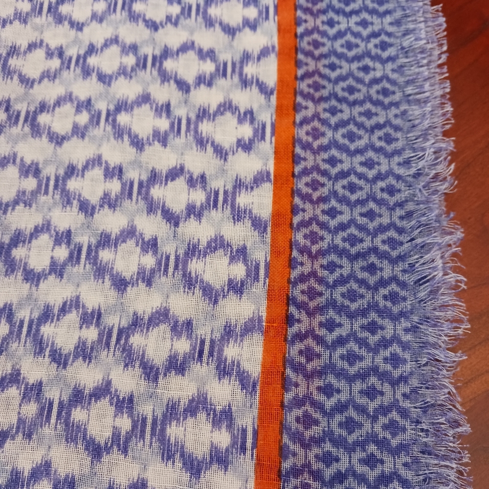 Eddie Bauer blue and white Ikat Patterned Scarf with Orange Trim, EUC - Picture 3 of 4